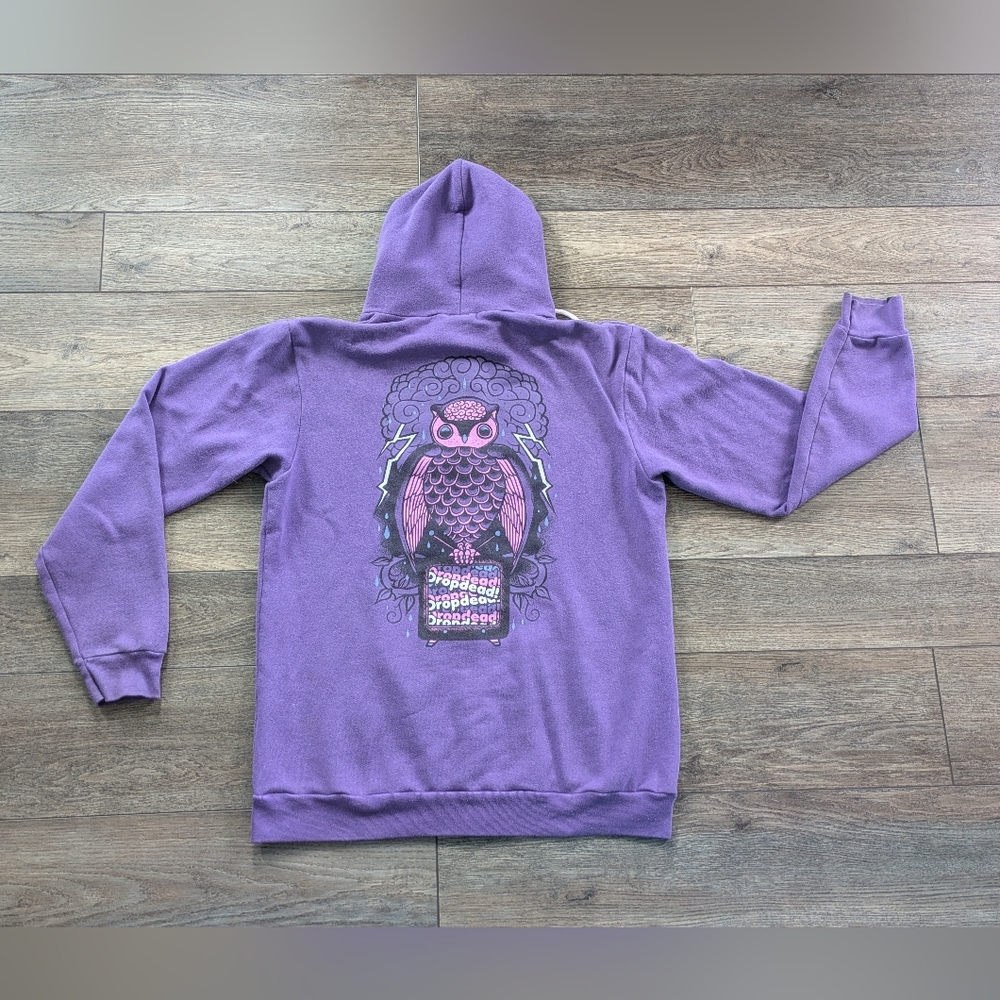 Rare DROP DEAD Purple Hoodie Owl Brain XL Hooded Sweatshirt Full Zip Drawstring